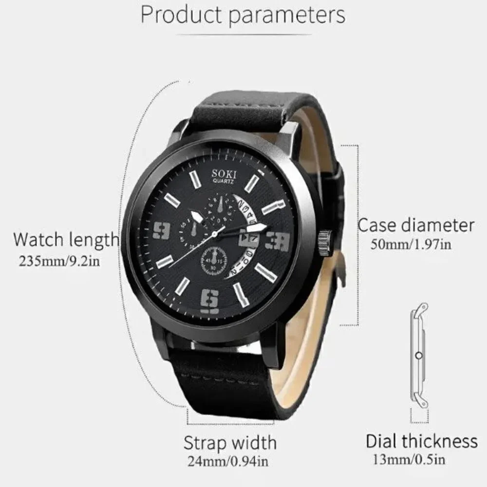 BLACK RED LEATHER QUARTZ STAINLESS STEEL WATCH AND LEATHER BRACELETS